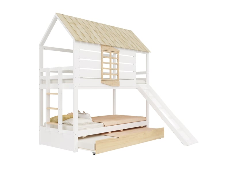  Lit superposé enfant 90x200, garde-corps haut sécurité renforcée lit superpose cabane, toboggan intégré, lit gigogne  - Conforama E