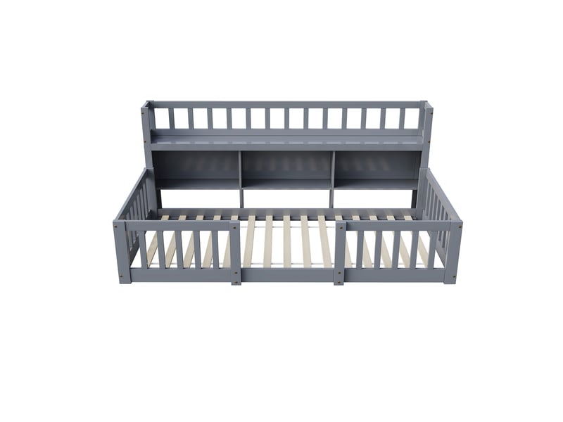  Lit enfant 90x200 cm avec bibliothèque, lit au sol avec barrière de sécurité et sommier à lattes, cadre de lit montessori au sol en bois massif, gris  - Conforama R