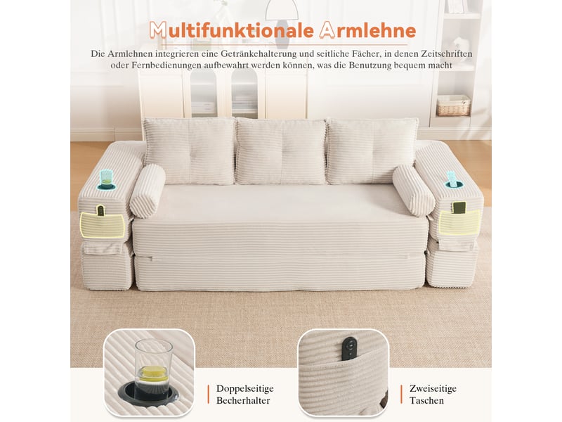  Canapé convertible 3 places en velours côtelé beige avec coffre et tiroir intégré pour salon  - Conforama E