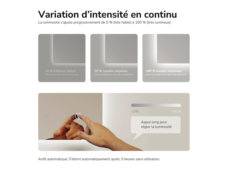 Emke miroir led salle de bain rétroéclairé  50x70 cm, interrupteur tactile, anti-buée, fonction mémoire, 3 couleurs  - Conforama E