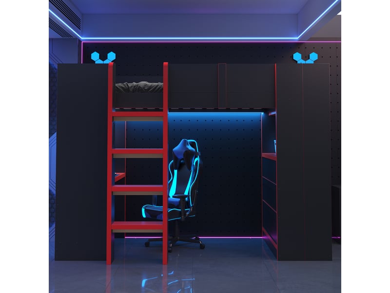  Lit mezzanine 90 x 200 cm - avec bureau - avec prise électrique - avec éclairage led - avec échelle de sécurité - noir + rouge (matelas non inclus)  - Conforama D