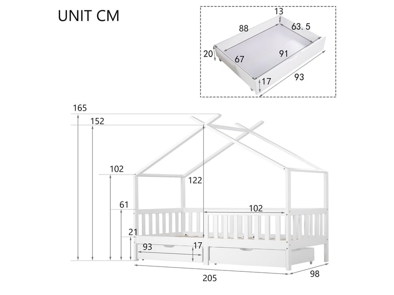  Lit cabane enfant 90x200cm - avec 2 tiroirs de rangement - lit enfant - bois massif, barrière de sécurité, sommier à lattes, blanc  - Conforama C