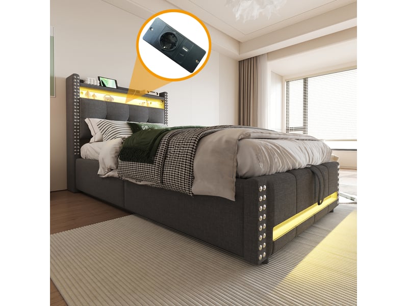  Lit enfant 90x200 cm tête-rangement usb intégré led changeante coffre design moderne tissu lin gris sans matelas  - Conforama B