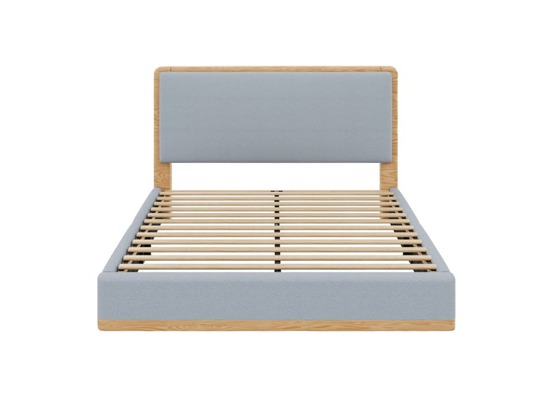  Lit double rembourré 140x200 - lit adulte avec tête de lit rembourrée - mdf+pu - tissu teddy - gris+naturel (sans matelas)  - Conforama W