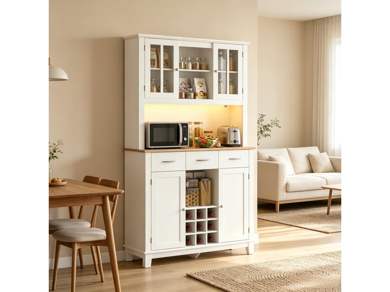  Vaisselier led rgb avec plan de travail et casier à vin - lpospi - mdf, verre trempé blanc chêne 100 × 39,5 × 180 cm  - Conforama B