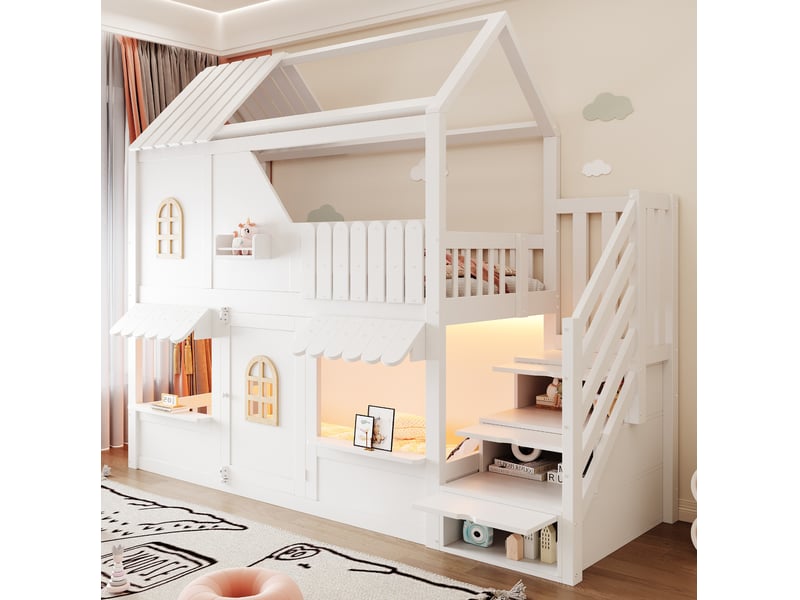 Lit superposé enfant 90 × 200 cm 1 place avec led, étagères et rangement, sans matelas, en bois, blanc - Conforama B
