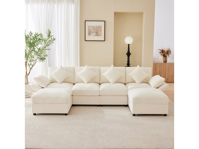  Canapé modulable 284 cm avec 2 poufs, canapé d'angle en u ou l avec accoudoirs réglables, 4 coussins et 2 appuie-têtes, tissu chenille, beige Seren Glow - Conforama D