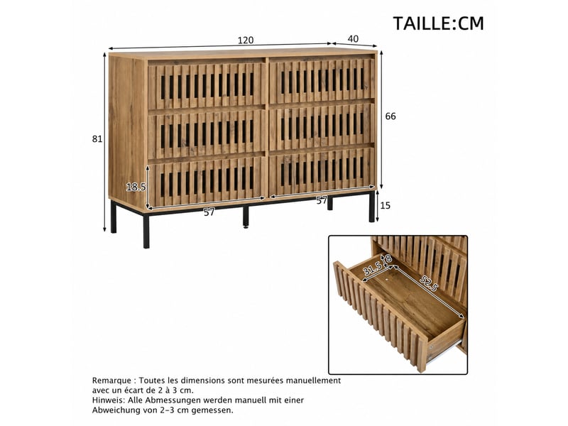  Buffet bas 6 tiroirs – décor bois clair et piètement noir – 120 x 40 x 81 cm  - Conforama D