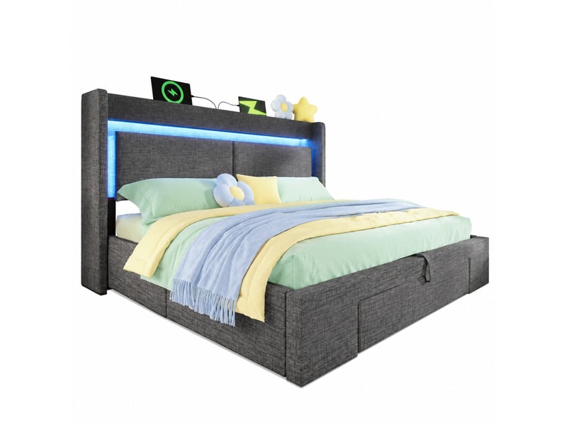 Lit coffre 160x200 cm gris en lin avec tête de lit led, rangements, usb et usb-c - Conforama A