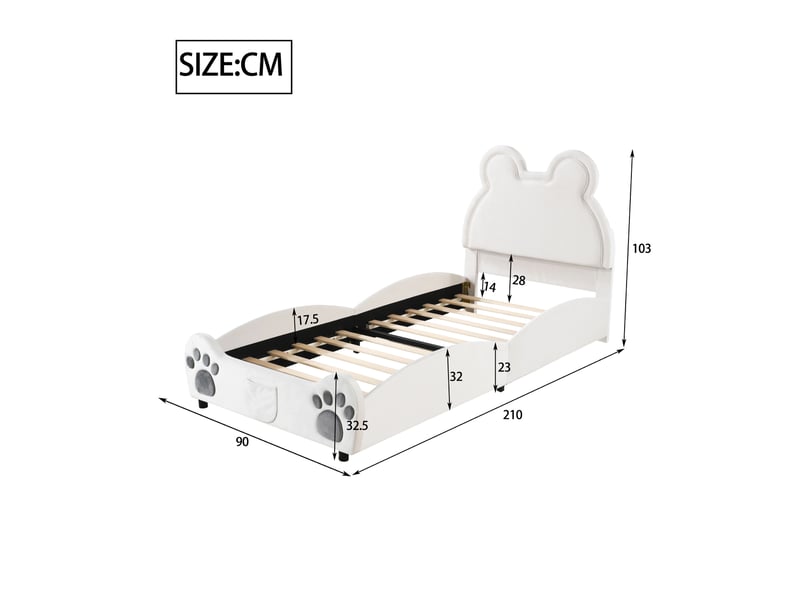 Lit enfant 90 × 200 cm 1 place rembourré forme ours, sans matelas, en tissu velours doux, blanc - Conforama D