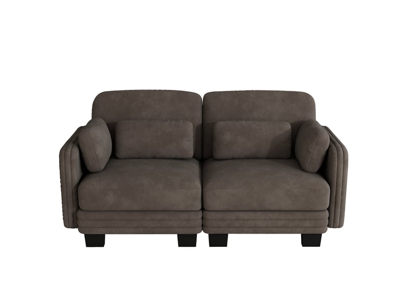 Canapé droit modulable 2 places en chenille marron avec coussins lombaires et d’accoudoirs - Conforama A