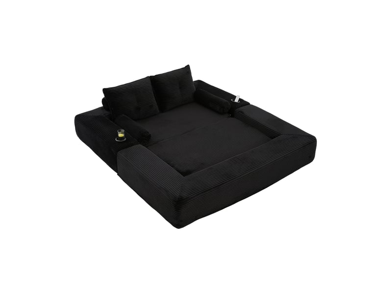  Canapé convertible 2 places avec poches latérales, porte-gobelet et coussins à mémoire de forme en velours côtelé noir  - Conforama A