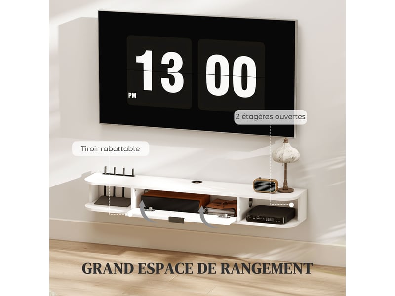  Meuble tv suspendu pour téléviseur jusqu'à 50 pouces tiroir rabattable 2 étagères 120x24x16cm blanc  - Conforama D