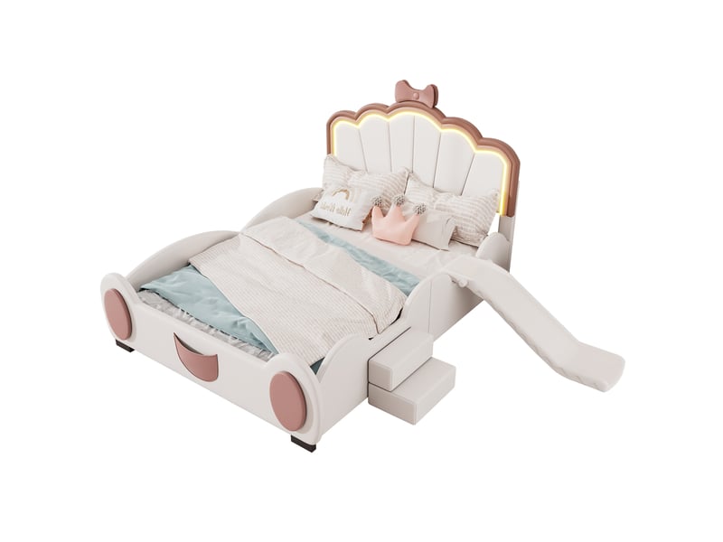  Lit enfant 140x200 cm avec toboggan, escalier et led coloris rose et blanc  - Conforama A