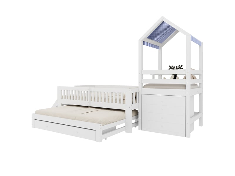 Lit cabane enfant avec lit gigogne 90x200 cm, couchage 90x190 cm, bloc de 4 tiroirs à droite, escalier, toit en tissu, bois massif blanc Radiant Stride - Conforama E