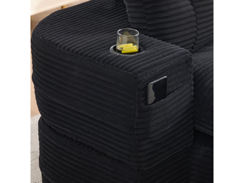 Canapé 2 places en velours côtelé noir avec accoudoirs amovibles et porte-gobelets intégrés - Conforama W