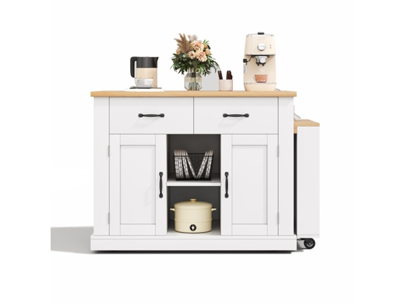 Îlot de cuisine avec table extensible, 2 portes et 2 tiroirs, blanc et chêne, 132(235)x70x90 cm  - Conforama D