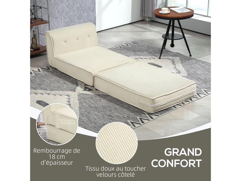  Canapé-lit pliant avec dossier capitonné, chauffeuse convertible, lit d'appoint, salon, bureau, blanc crème  - Conforama E