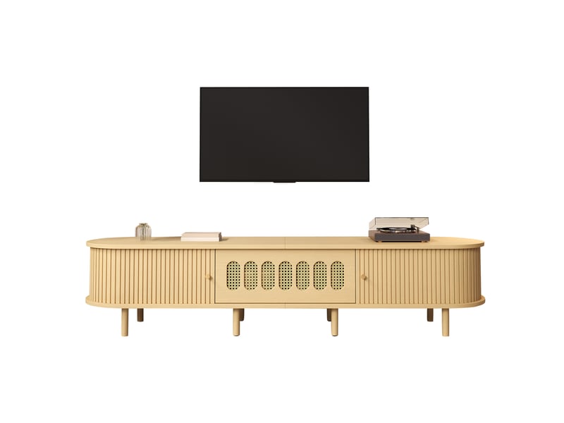  Meuble tv 180x40x40 cm avec porte abattante, mdf, coloris bois clair  - Conforama A