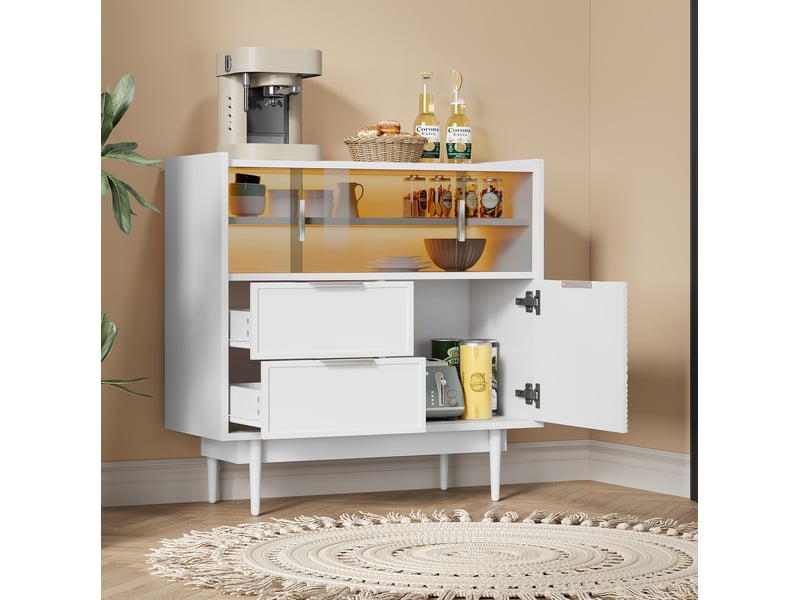  Meuble de rangement avec portes coulissantes vitrées, niches ouvertes et led réglable pour salon en mdf blanc, 80 cm  - Conforama B