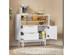 Meuble de rangement avec portes coulissantes vitrées, niches ouvertes et led réglable pour salon en mdf blanc, 80 cm