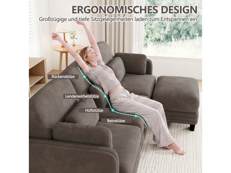  Canapé d’angle modulable 253 cm 3 places avec pouf, coussins d’accoudoir amovibles, coussins lombaires épais à soutien renforcé, chenille, brun café  - Conforama C