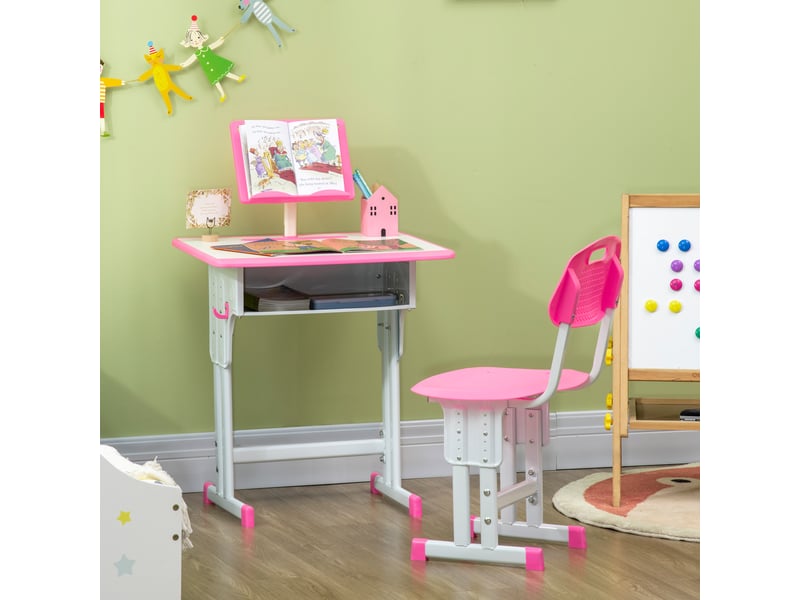  Bureau et chaise pour enfant avec support de lecture casier crochet et porte stylo 60 x 45x 90-102 cm rose  - Conforama C