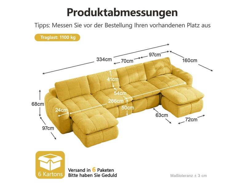  Canapé modulable en u 4 places avec 2 ottomans sans cadre en chenille jaune  - Conforama C