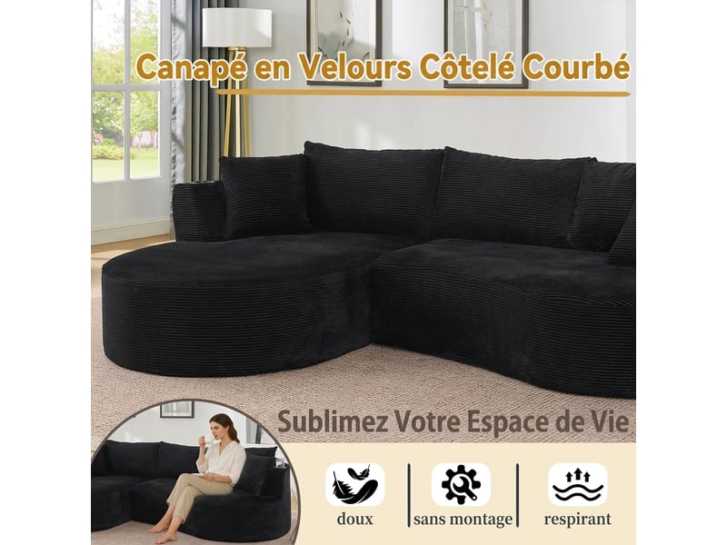 Canapé 3 places avec méridienne gauche design courbé velours côtelé doux porte-gobelets noir - Conforama W