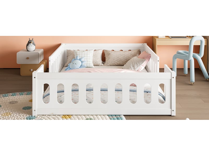  Lit plateforme enfant 140x200 cm blanc avec barrières en bois et mdf  - Conforama W