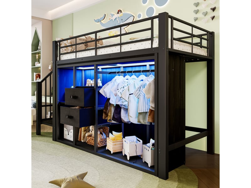 Lit mezzanine 90x200 cm, lit simple enfant avec led et rangement, 2 tiroirs et armoire ouverte, métal mdf, sans matelas, noir - Conforama D
