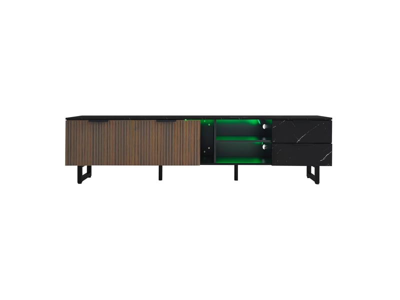  Meuble tv 200 cm noir effet marbre, portes bois veiné, led réglable, 2 portes, 2 tiroirs  - Conforama A