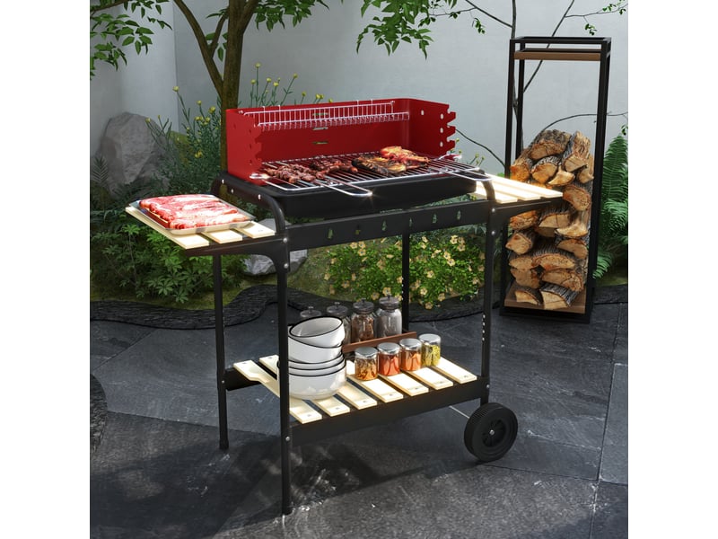  Barbecue au charbon sur roues avec grille réglable en hauteur, tablettes et 6 crochets, 103x47x95 cm, rouge et noir  - Conforama D