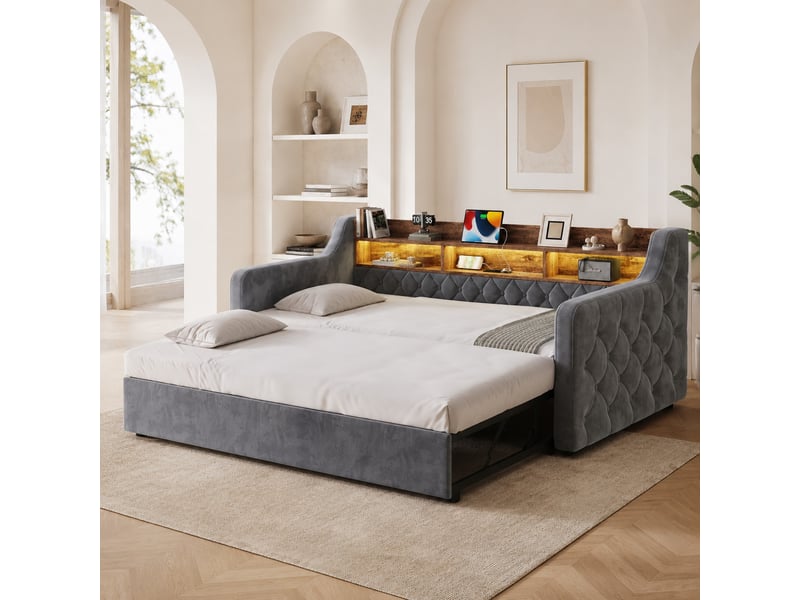  Lit gigogne, 90x190 cm, solution de rangement, led, ports usb type-c, foncé, matelas non inclus, velours, coloris gris  - Conforama B
