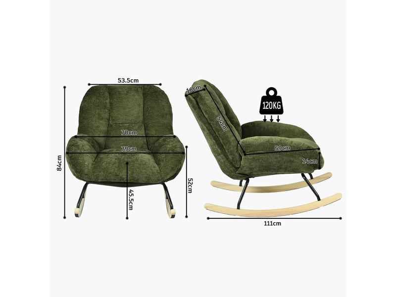  Fauteuil à bascule scandinave, rocking chair en tissu chenille, pieds en bois d’hévéa, vert  - Conforama D