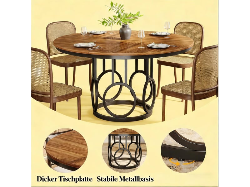  Table de salle à manger pour 4 à 6 personnes avec plateau rond, style industriel, en mdf et métal, noir et brun, 120 × 120 × 75 cm  - Conforama E