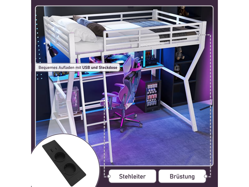  Lit mezzanine simple 90×200 cm avec bureau, prise, usb, led et étagère pc  - sans matelas, métal - blanc  - Conforama E