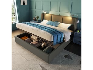 Lit coffre hydraulique 160x200cm lit double rembourré avec tête et led - avec matelas - sommier à lattes - rangement - pu - gris