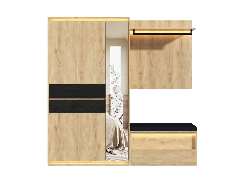 Vestiaire d'entrée avec miroir et led 200 cm - 3 tringles 4 tiroirs - chêne anthracite - Conforama A