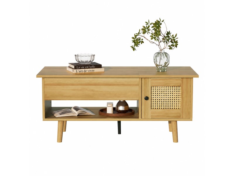  Table basse relevable effet bois et noir avec portes imitation rotin, 103 cm  - Conforama A