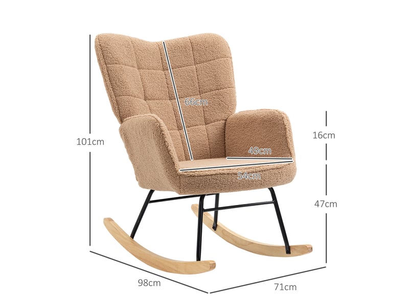  Fauteuil à bascule 71x98x101 cm, dossier capitonné, accoudoirs, tissu polyester, bois de hêtre, marron  - Conforama C