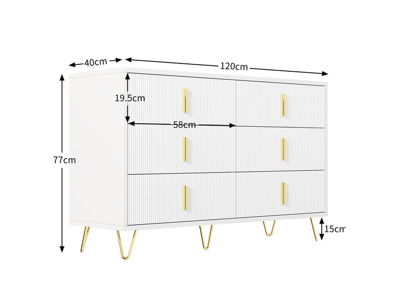 Chiffonnier 6 tiroirs 120x40x77 cm, finition blanc+doré en panneaux de particules, commode au design design - Conforama C