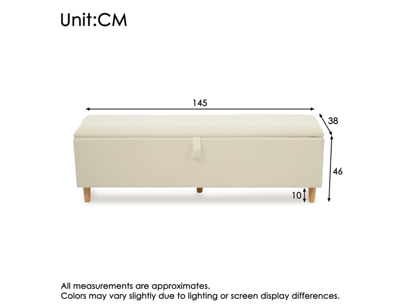  Banc de lit 145x38x46 cm, rangement hydraulique, assise rembourrée, velours côtelé beige, chambre, salon, entrée  - Conforama C