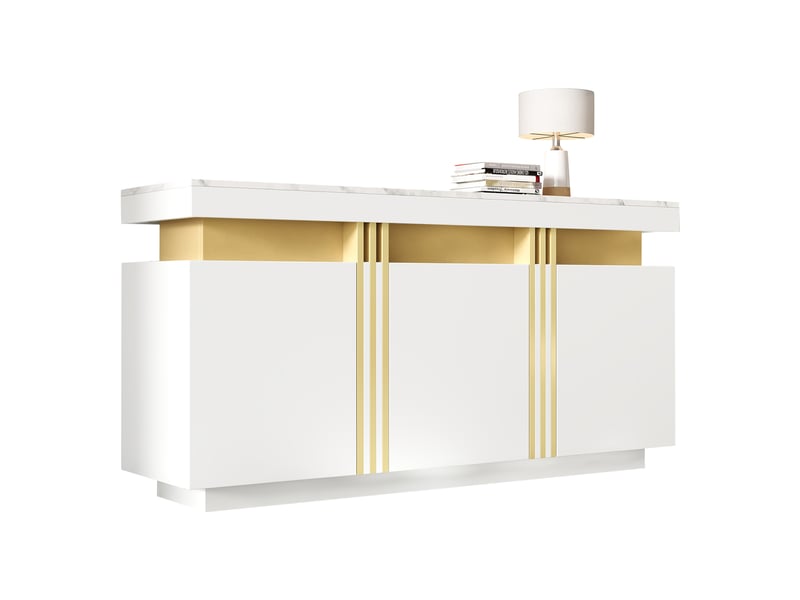  Buffet 3 portes avec 6 compartiments et étagères réglables pour salon 140×38×70 cm blanc  - Conforama A