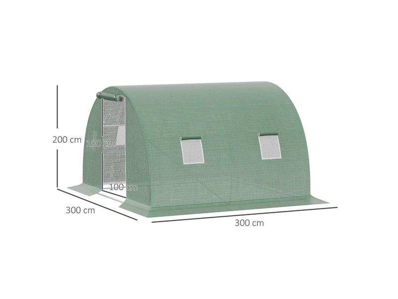 Serre tunnel d'extérieur 3 x 3 x 2 m avec bâche en pe, porte zippée et 4 fenêtres, verte - Conforama E