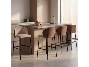 Lot de 4 tabourets de bar penny en tissu taupe, dossier effet noyer et pieds en métal noir