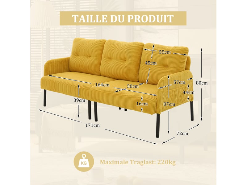  Canapé 3 places en velours côtelé jaune 171 x 72 x 80 cm  - Conforama E