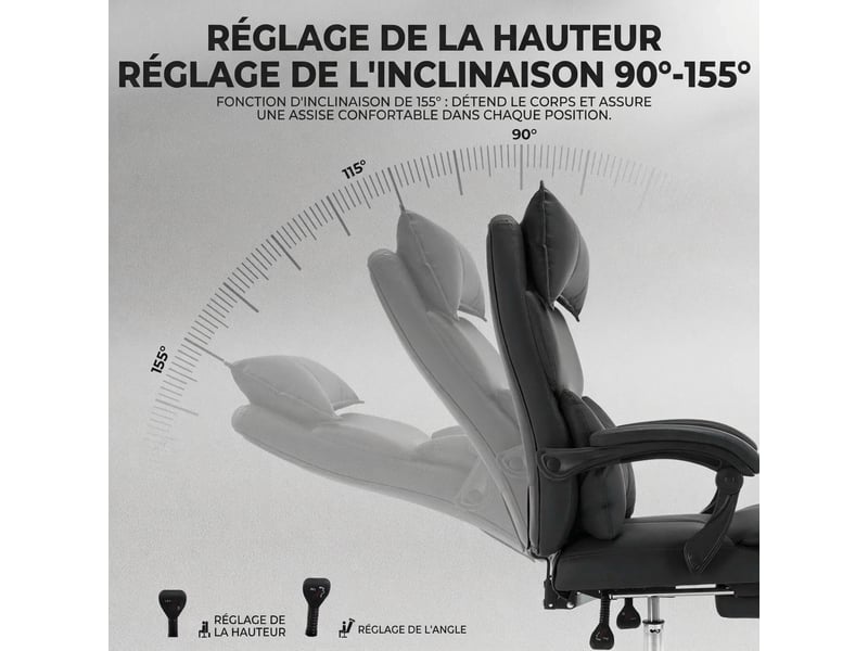  Chaise de bureau ergonomique noire avec double soutien lombaire réglable et repose-pieds, tissu technique  - Conforama D