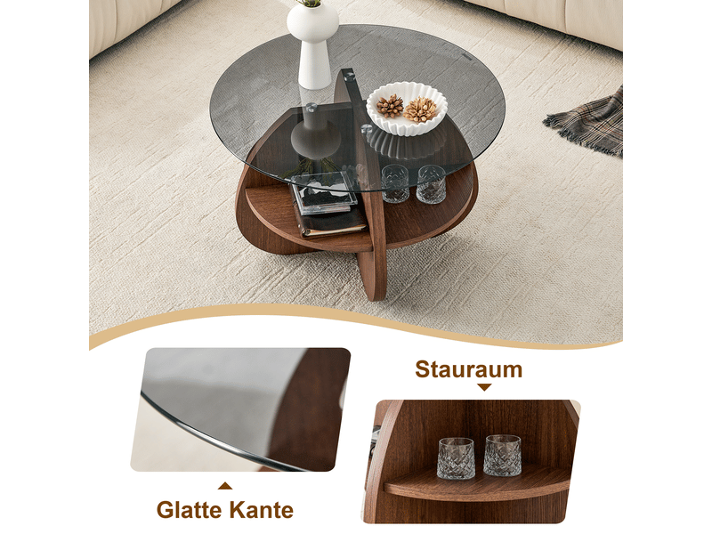  Table basse ronde avec rangement, verre trempé gris et structure effet noyer  - Conforama D