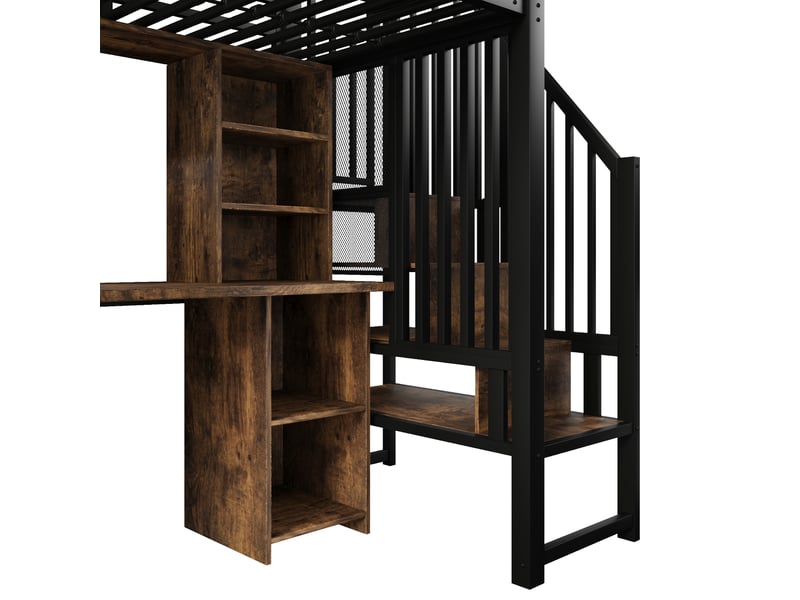  Lit mezzanine métal noir 90x200 cm avec armoire, étagères, escalier et bureau intégré – sans matelas  - Conforama D